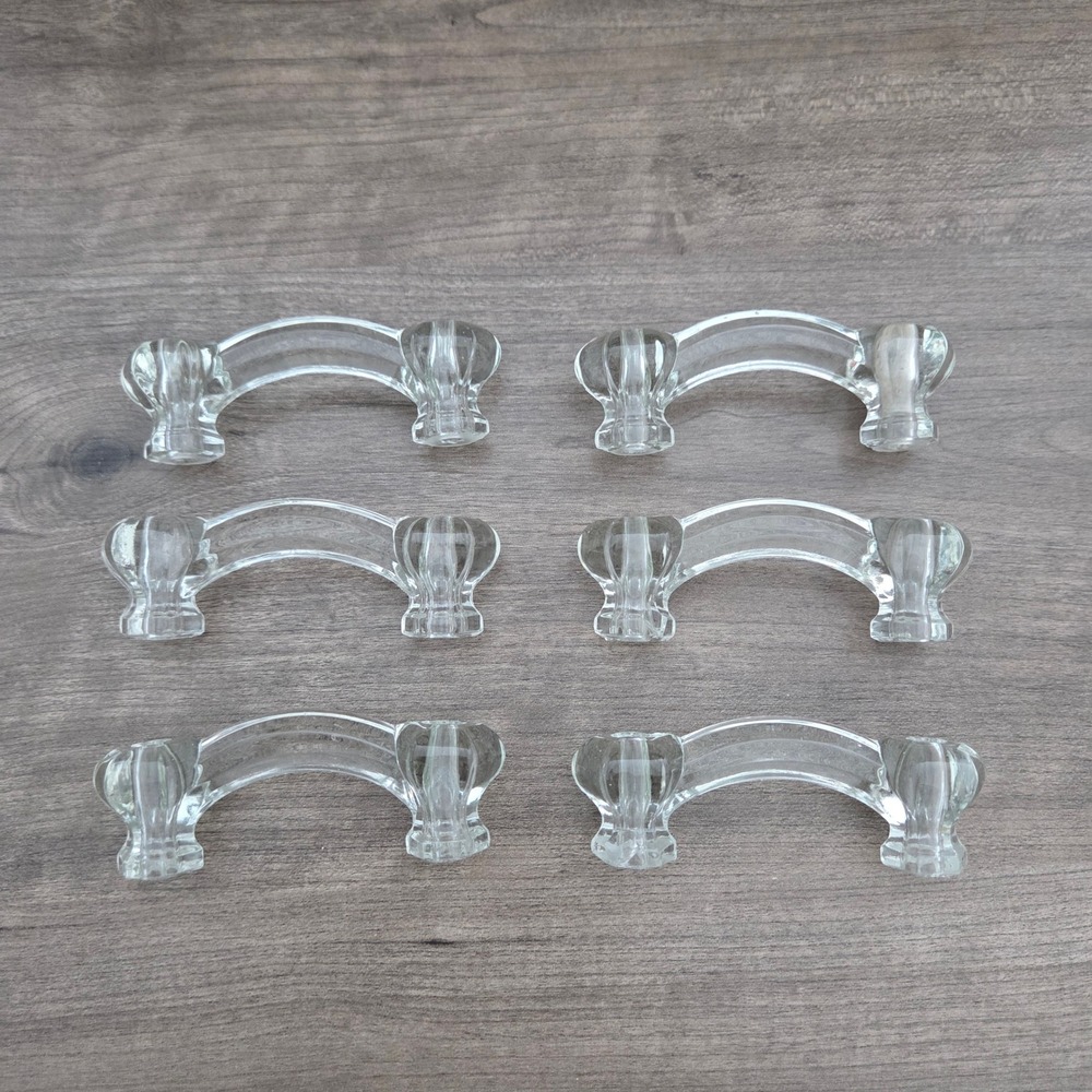 Vintage Drawer Pulls Clear Glass Fluted Bridge Style Set of 6 4in